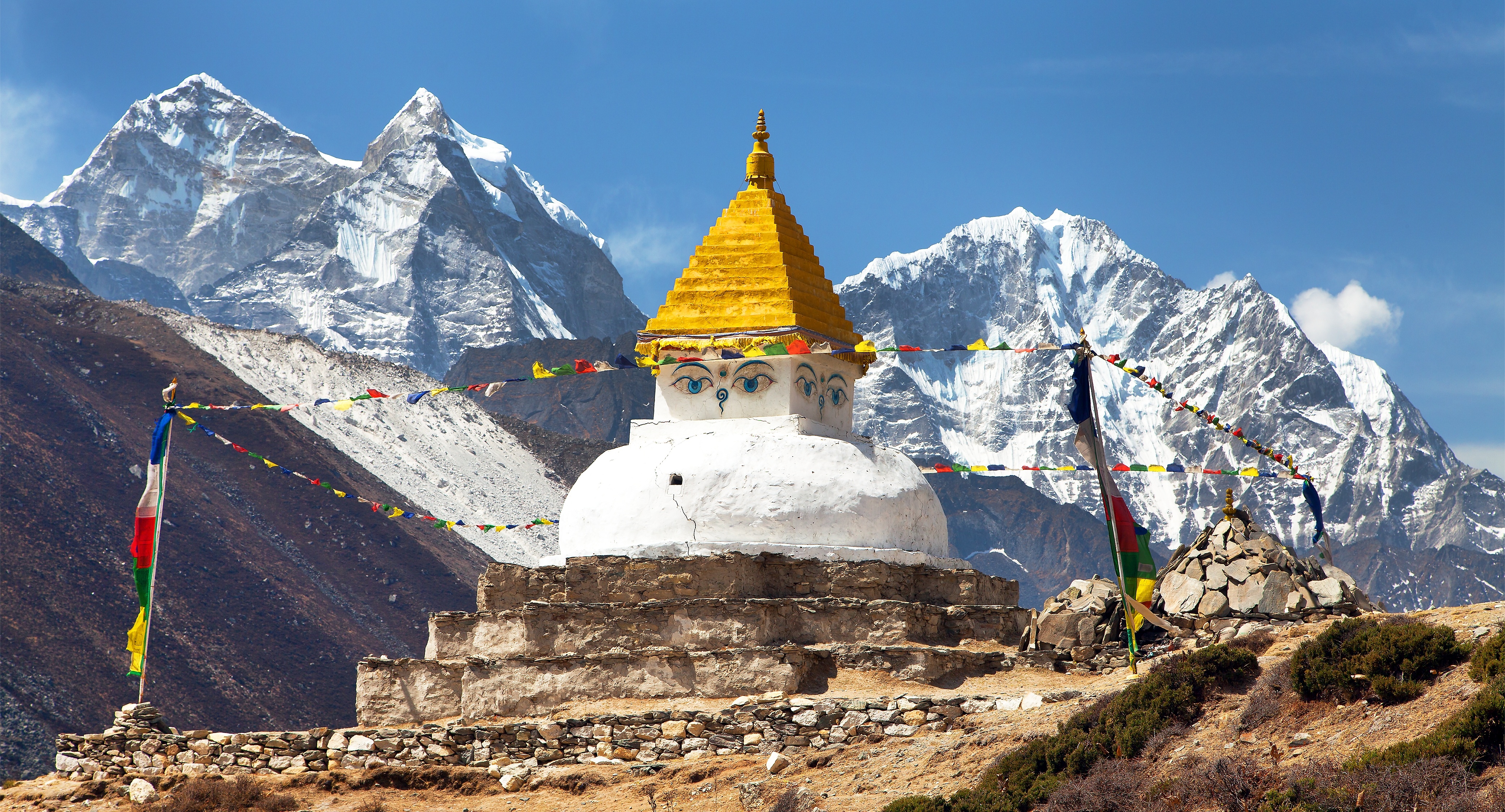 An image of a stupa with prayer flags in Nepal