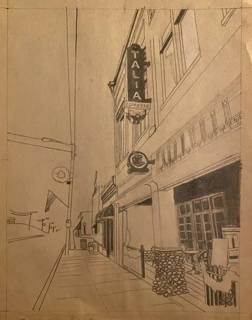 Pencil perspective drawing of Talia's Cafe in Wilkesboro, NC.